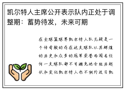 凯尔特人主席公开表示队内正处于调整期：蓄势待发，未来可期