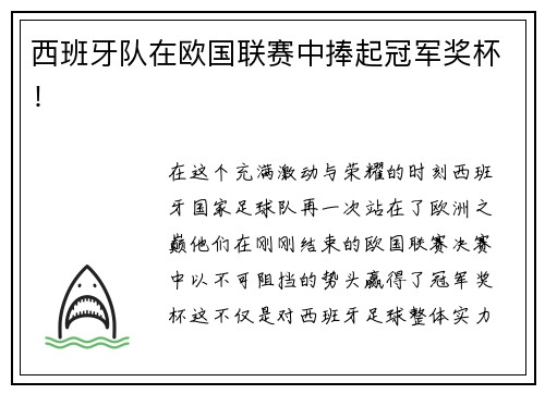 西班牙队在欧国联赛中捧起冠军奖杯！